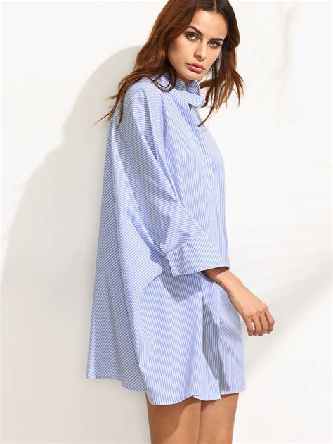 Blue Striped Shift Shirt Dress Shein Sheinside