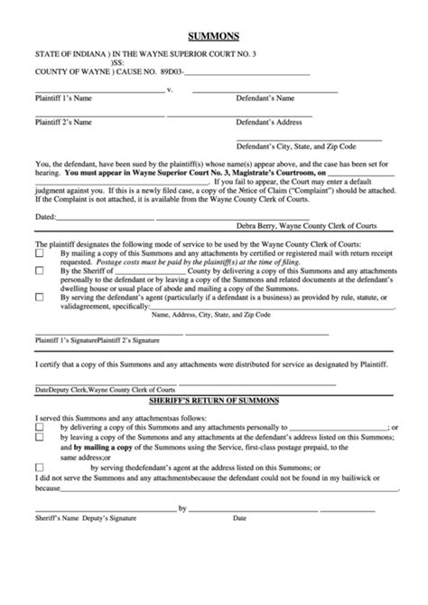 Fillable Summons Form County Of Wayne Superior Court Printable Pdf