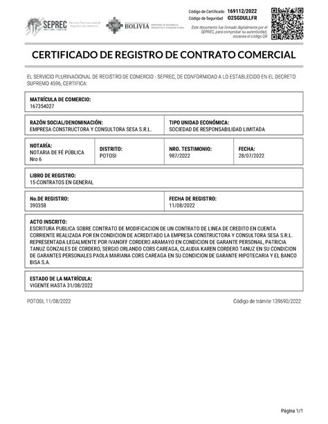 Certificado Certificaci N Certificado De Registro De Contrato