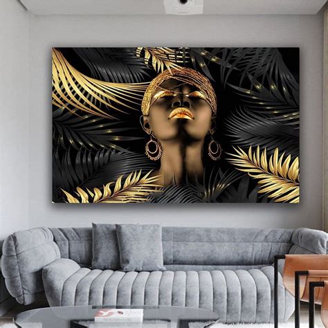 Black and Gold Woman With Leaves Canvas Painting, Black Gold Woman Canvas Wall Art ,gold African ...