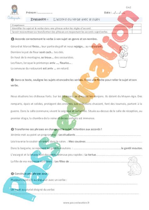 Accord Sujet Verbe Cm Cycle Exercice Valuation R Vision Le On