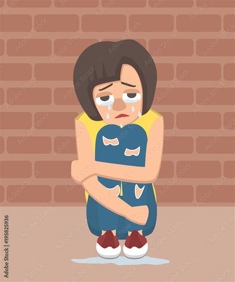 Crying Girl Sits Hugging Her Knees Near Wall Vector Cartoon Stock