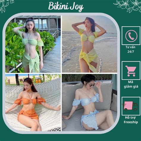 CHẤT THUN XỐP HÀNG CAO CẤP Đồ bơi nữ bikini 3 món phối khoen trễ vai dễ thương Shopee