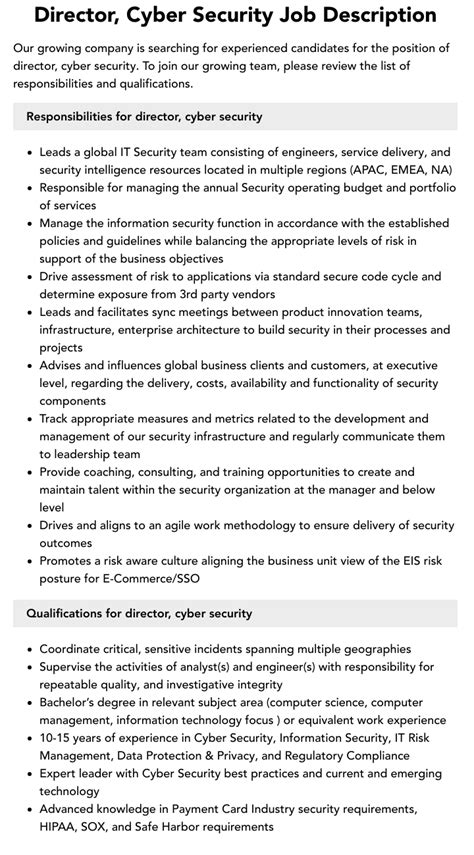 Director Cyber Security Job Description Velvet Jobs