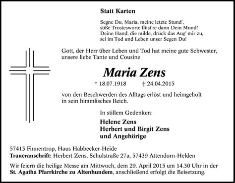 Traueranzeigen Von Maria Zens Trauer In Nrw De