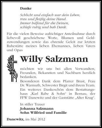 Traueranzeigen von Willy Salzmann Märkische Onlinezeitung Trauerportal