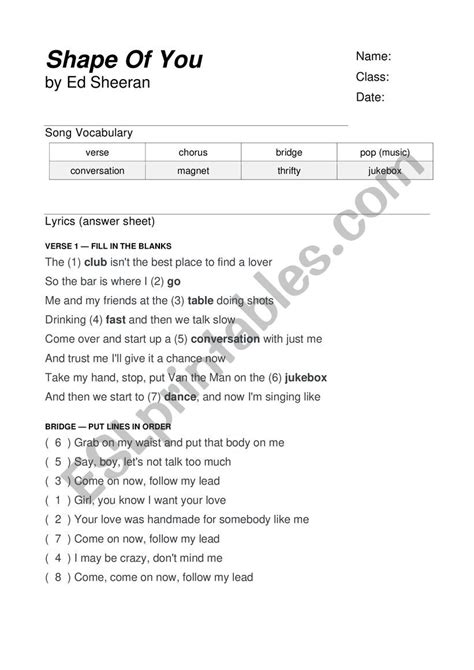 Shape Of You By Ed Sheeran Lyrics Worksheet Esl Worksheet By Dtankers