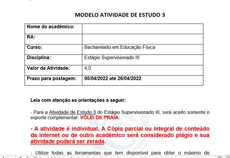 Modelo Atividade de Estudo 3 Bacharelado em Educação Física Normas