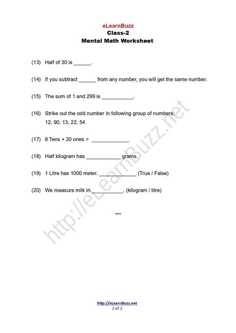 Mental Math Worksheet For Class 2 Set 2 Elearnbuzz