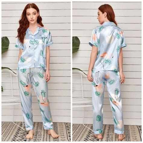 Intimates And Sleepwear New Blue Flamingo Satin Silklike Pajama Set