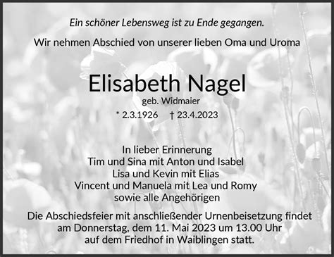 Traueranzeigen Von Elisabeth Nagel Zvw Trauer