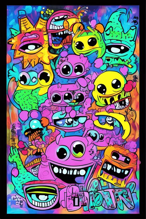 Cute Monsters Graffiti Doodle Art Kawaii Style Neon Light Night