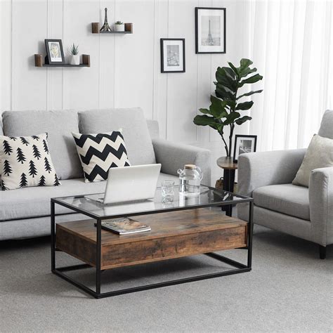 Vasagle Industrial Coffee Table Tempered Glass Top With 2 Drawers And Rustic Shelf Decoration