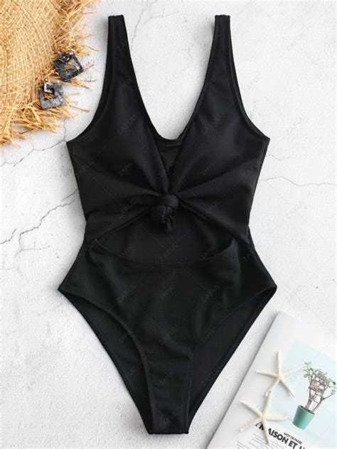 [36 Off] 2020 Zaful Ribbed Knotted Cut Out Swimsuit In Black Zaful