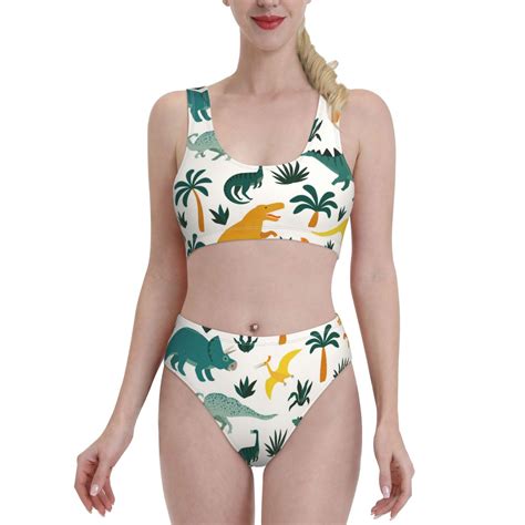 Haiem Dinosaurs And Tropical Leaves Women S Bikini Set Two Piece High