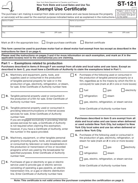 Nys Sales Tax Exempt Form St 121