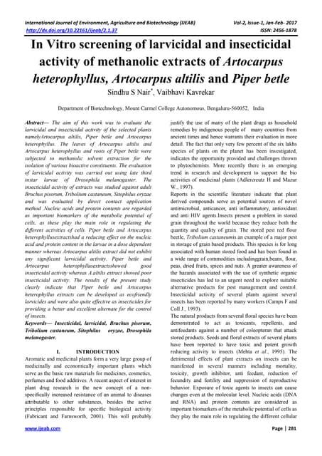 In Vitro Screening Of Larvicidal And Insecticidal Activity Of