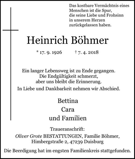 Traueranzeigen von Heinrich Böhmer Trauer in NRW de