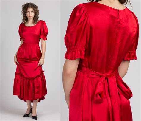 60s Red Satin Ruffle Trim Maxi Dress Large Vintage Flying Apple