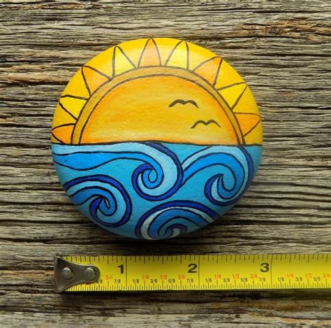 Ocean Sunset Painted Rock Decorative Accent Stone Paperweight