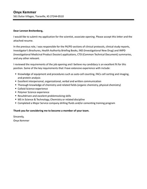 Scientist Associate Cover Letter Velvet Jobs