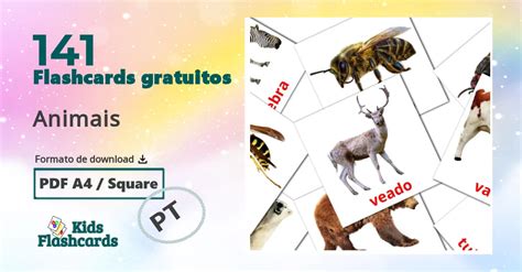 141 Flashcards de Animais GRÁTIS em Português 4 PDFs imprimíveis