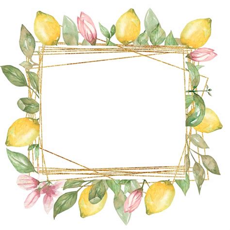 Premium Photo Watercolor Lemon Frame Clipart Golden Geometric Heart