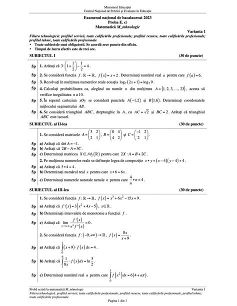 Subiectele La Matematic De La Bacalaureat Profil Tehnologic Au