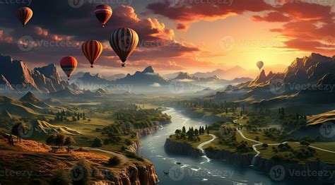Colorful Hot Air Balloons Soaring Over Scenic Valley Created With