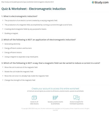 Quiz And Worksheet Electromagnetic Induction