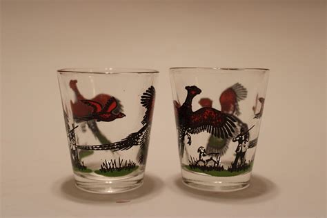 Vintage Pheasant Hunting Shot Glasses Set Of Two Mid Century Etsy