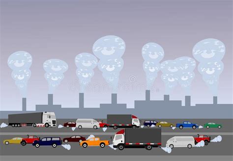 Pollution Air By Cars Vector Illustration Cities Road Smog Factories And Industrial Smoke