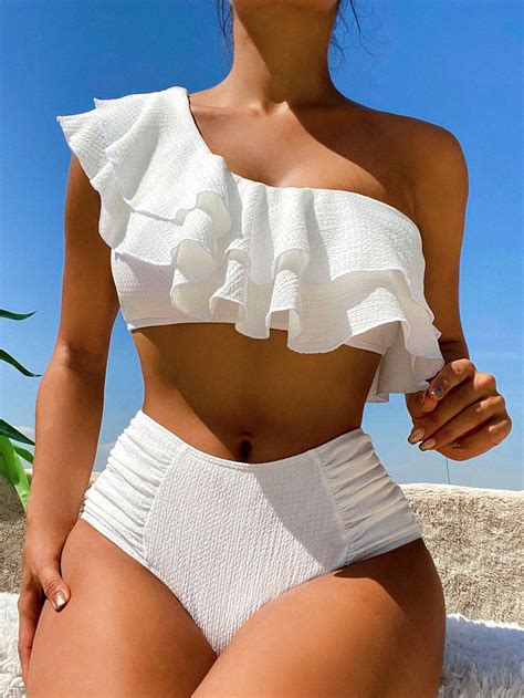 SHEIN Swim Summer Beach Ruffle Trim One Shoulder Bikini Set Pink Shop