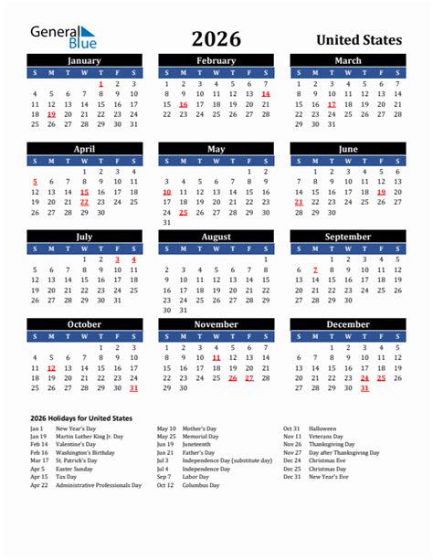 United States 2026 Calendar With Holidays