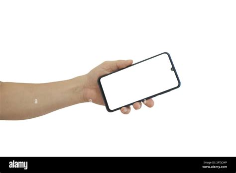 Hand Holding Mobile Smartphone With Blank White Screen Isolated On