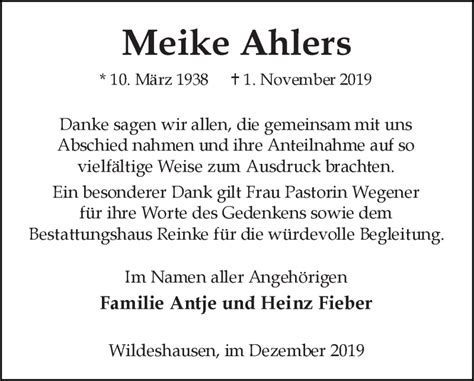 Traueranzeigen Von Meike Ahlers Trauer Gedenken