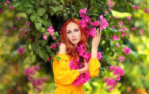 Hd Wallpaper Look Girl Flowers Pose Portrait Hands Red Redhead