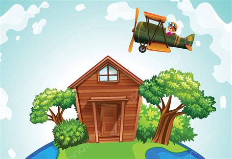 Airplane Flying Over A Wooden House Property Home Drawing Vector