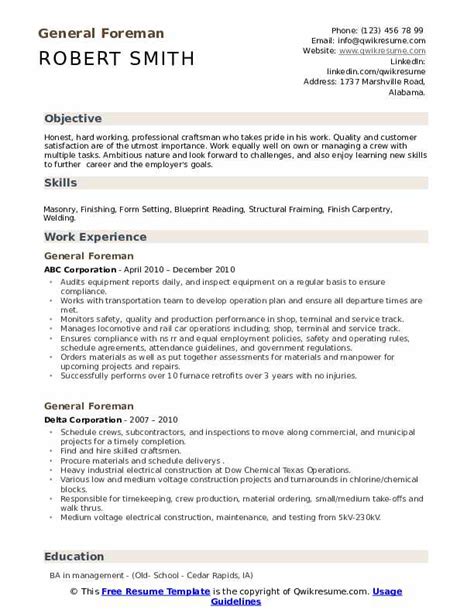 General Foreman Resume Samples | QwikResume