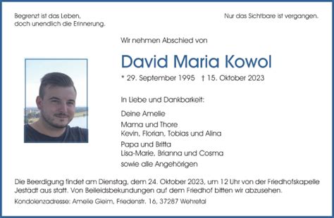 Traueranzeigen Von David Maria Kowol Wirtrauern