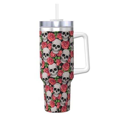 Rocae Skull And Roses For OZ Ice Bully With Handle Keeps Drinks Hot Or Cold For Hours
