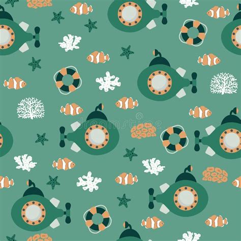 Vector Seamless Pattern With Submarine Lifebuoy Clown Fish Seaweed