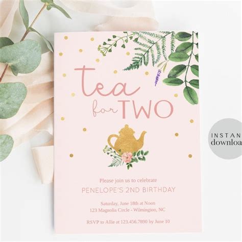 Editable Tea For Two Birthday Invitation Girl Tea Party Invite Etsy