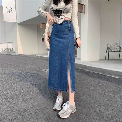 Jual Rok A Line Ramping Rok Denim Belahan Pinggang Tinggi Panjang