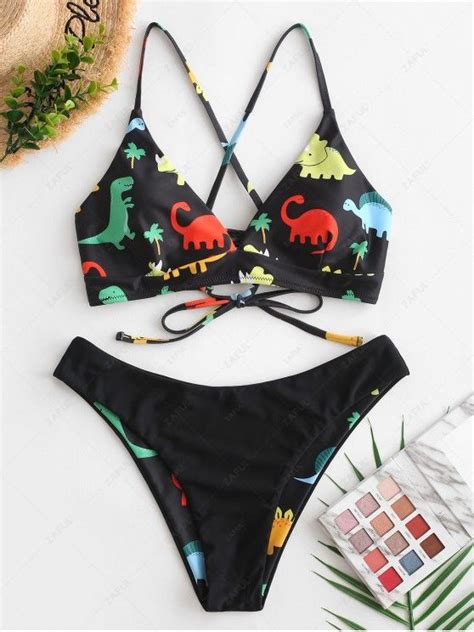 [26 Off] 2021 Zaful Reversible Dinosaur Lace Up Bikini Swimsuit In