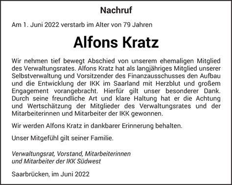 Traueranzeigen Von Alfons Kratz Saarbruecker Zeitung Trauer De