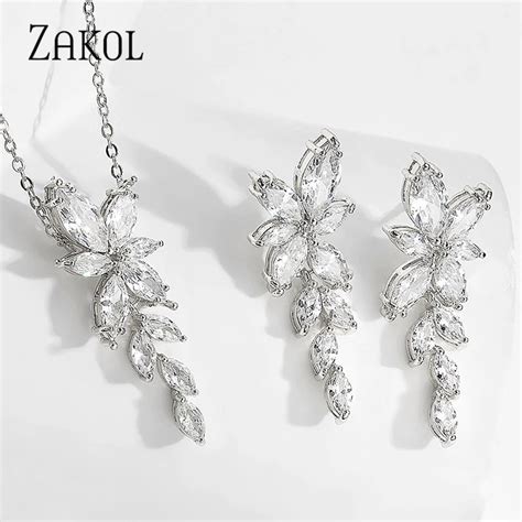 ZAKOL Fashion Cubic Zirconia Leaf Earrings Necklace Set For Women