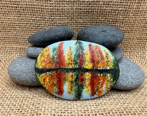 Autumn Lake Scene Hand Painted Fall Scene Autumn Leaves Painted Rock