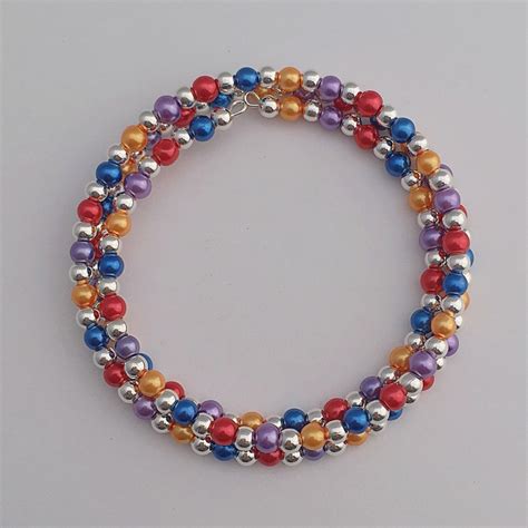 Red Blue Purple Orange Beaded Pearl Memory Wire Bracelet Etsy