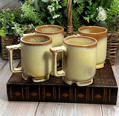 Four Vintage Frankoma Pottery C1 Brown Tan Footed Coffee Tea Cup Mug